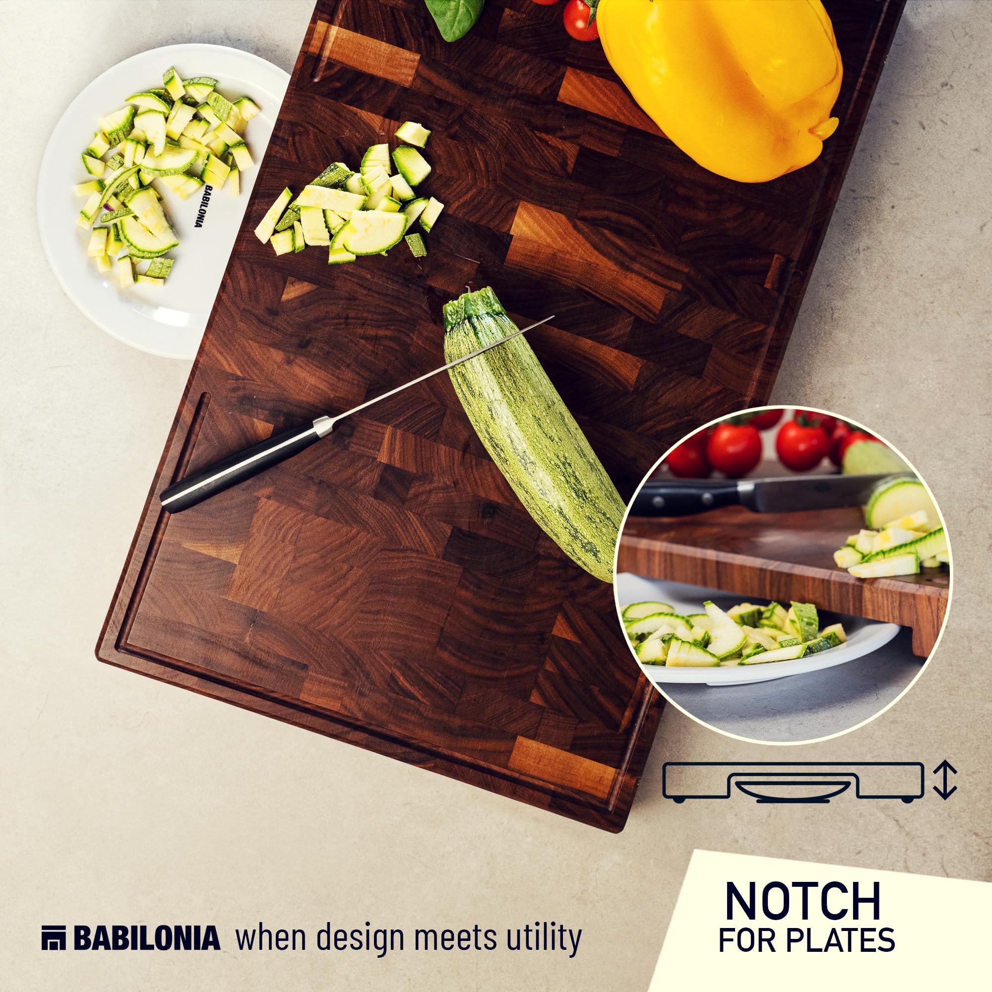 3-in-1 design: notch and plate slide chopped produce on Babilonia board.