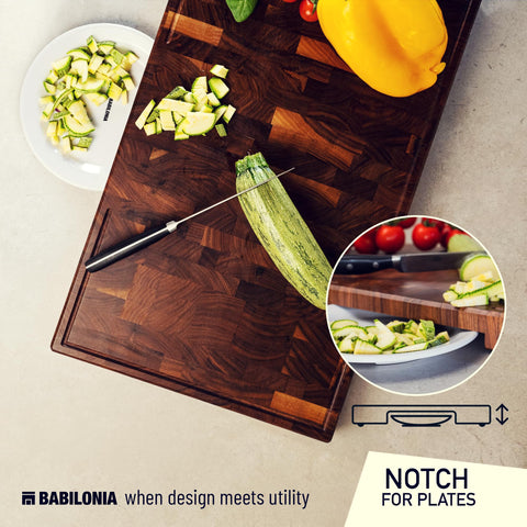 3-in-1 design: notch and plate slide chopped produce on Babilonia board.