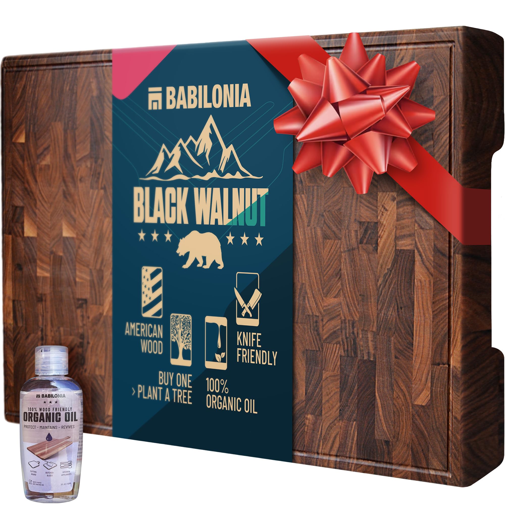 Babilonia cutting board top view with extra-thick end-grain surface for stability.