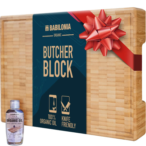 Babilonia end-grain bamboo board with a sturdy knife-friendly cutting surface.