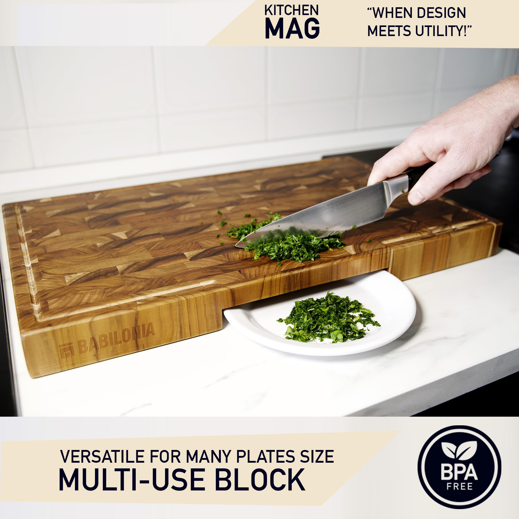 Babilonia teak board plate notch for sliding chopped produce