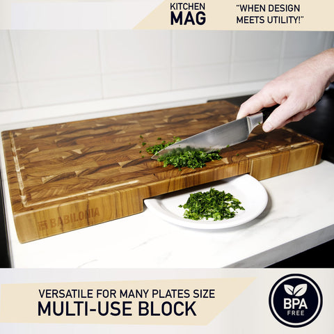 Babilonia teak board plate notch for sliding chopped produce