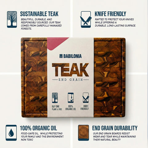 Babilonia teak board close-up showing 1.7 inch thickness and durability