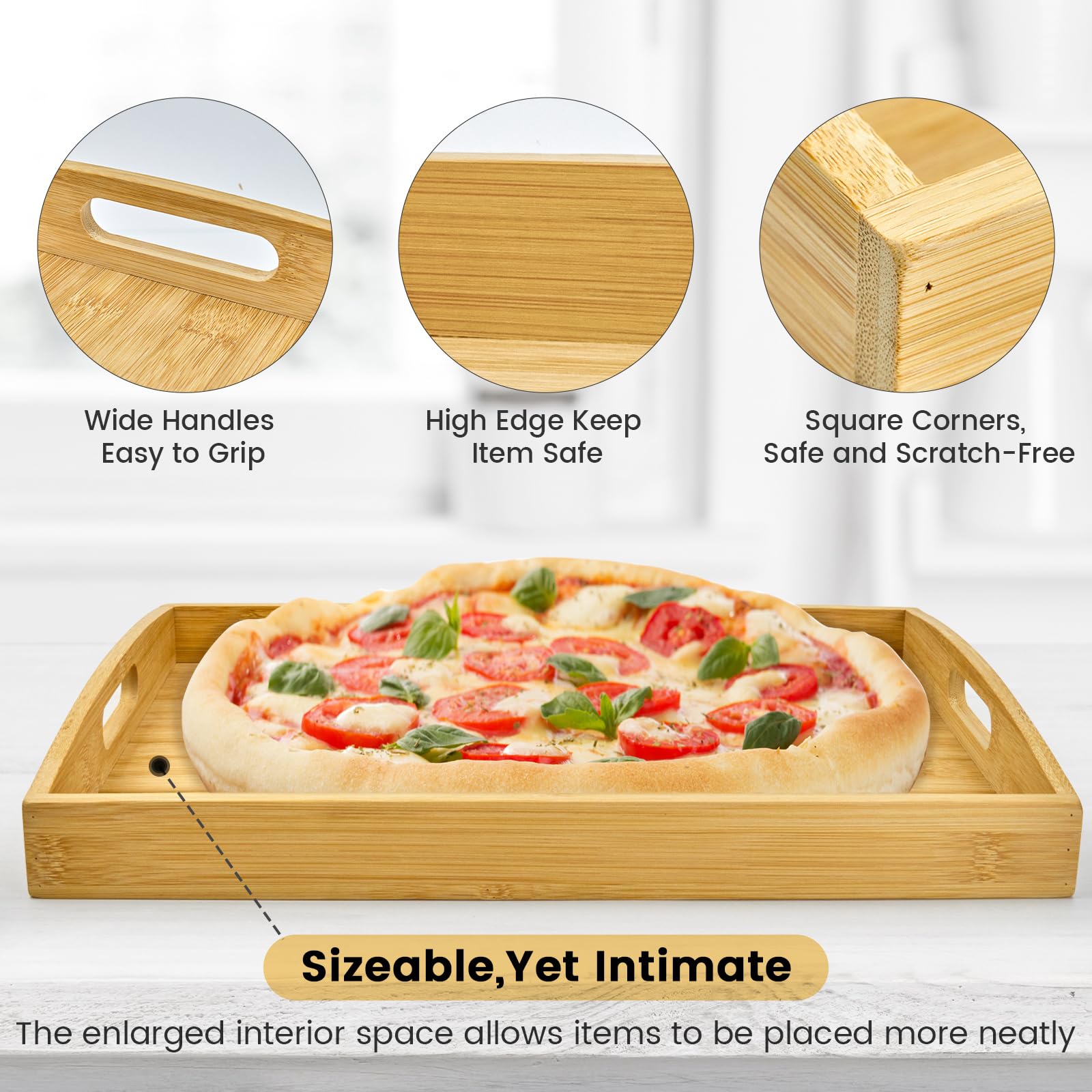 BABONIE bamboo serving tray handles closeup highlighting ergonomic curved handles.