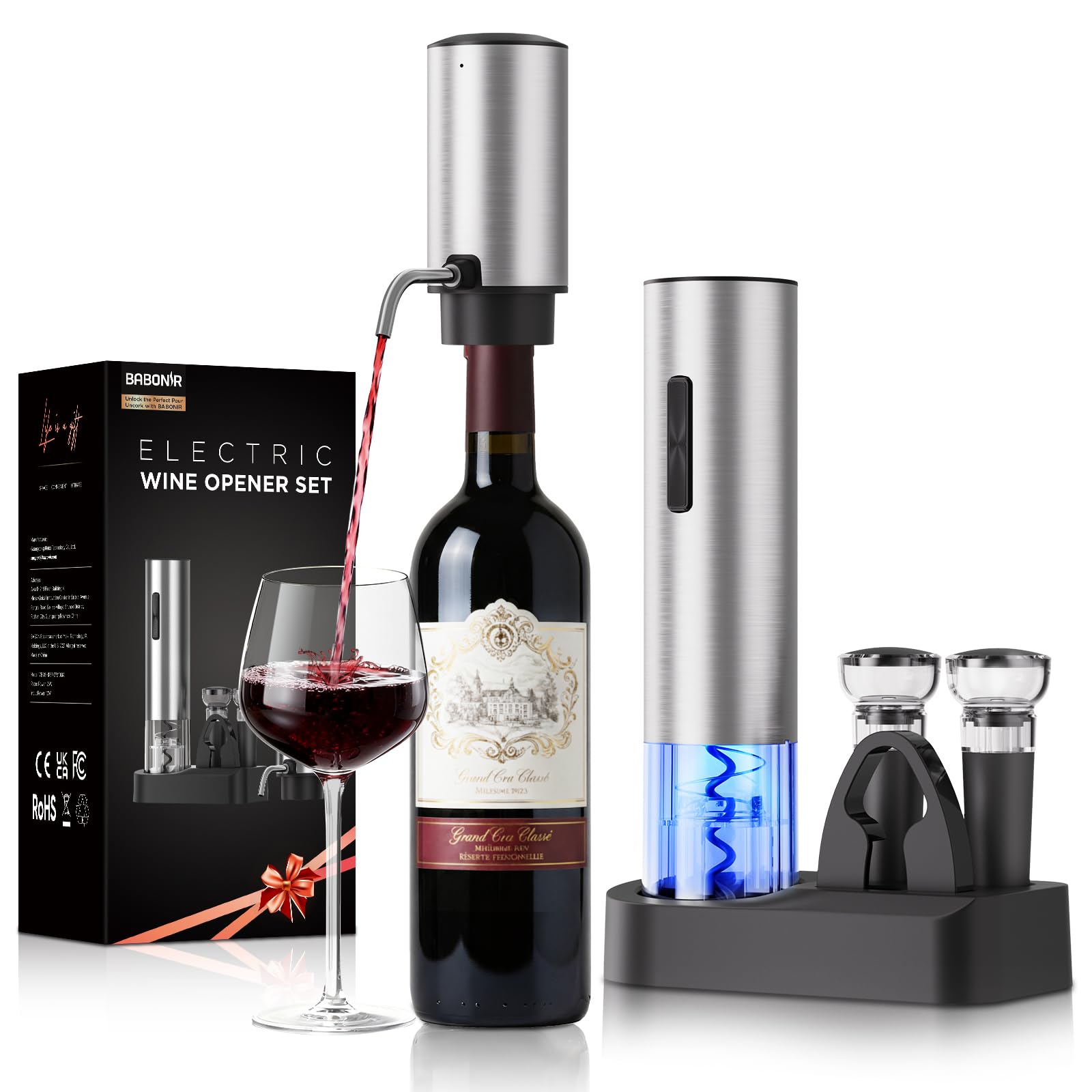 BABONIR 7-in-1 electric wine opener kit eases cork removal for quick entertaining.