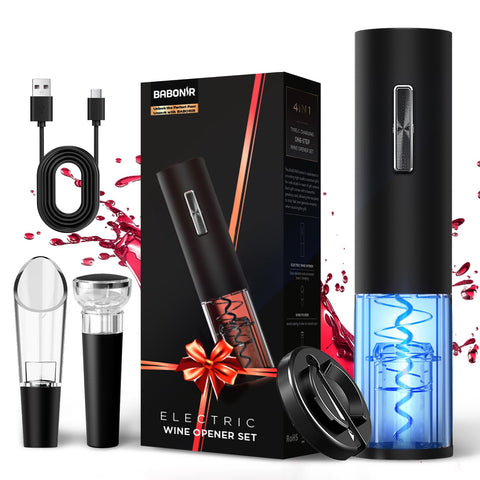 BABONIR electric wine opener with blue LED glows during uncorking
