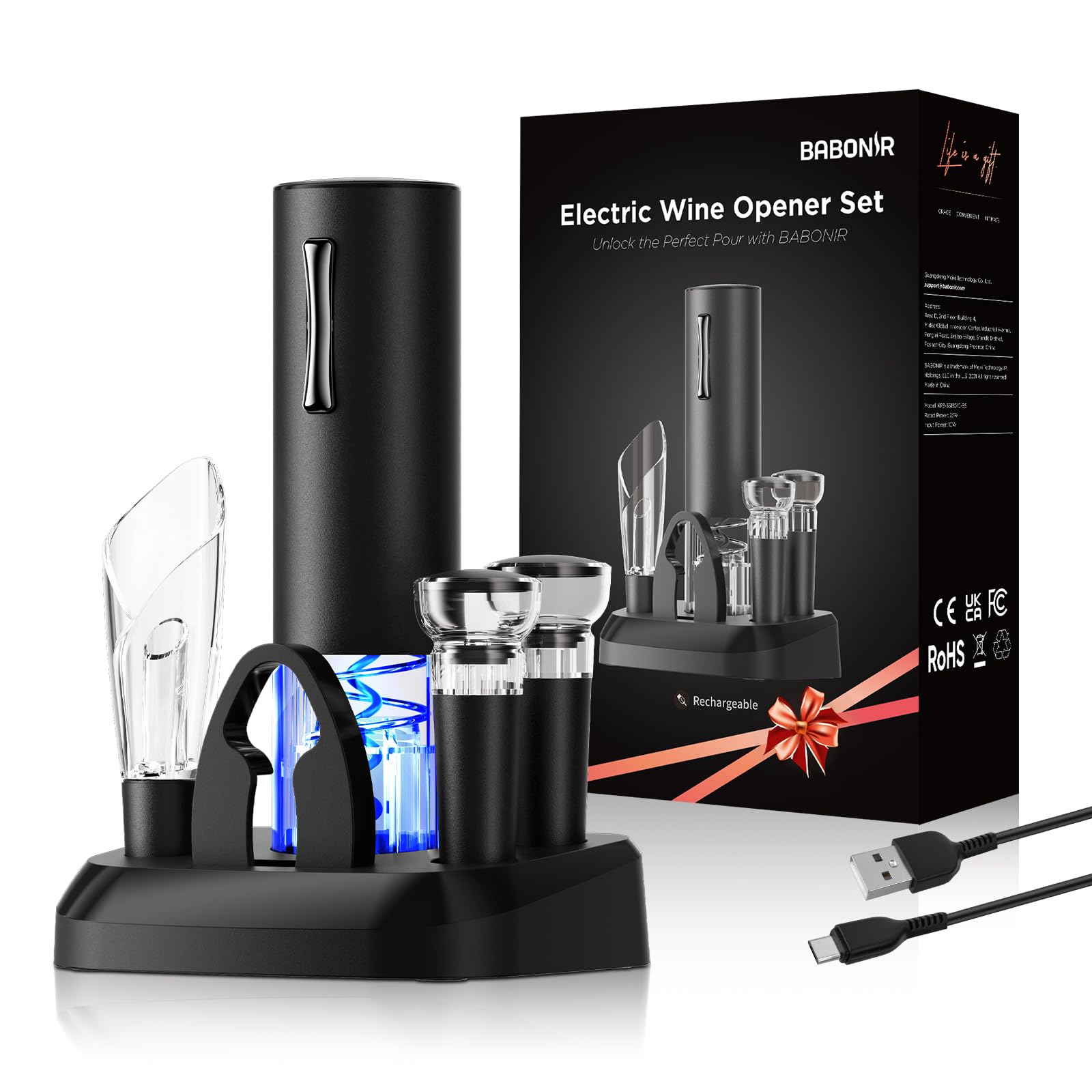 BABONIR electric wine opener base shown with charging stand for seamless, efficient bottle openings.