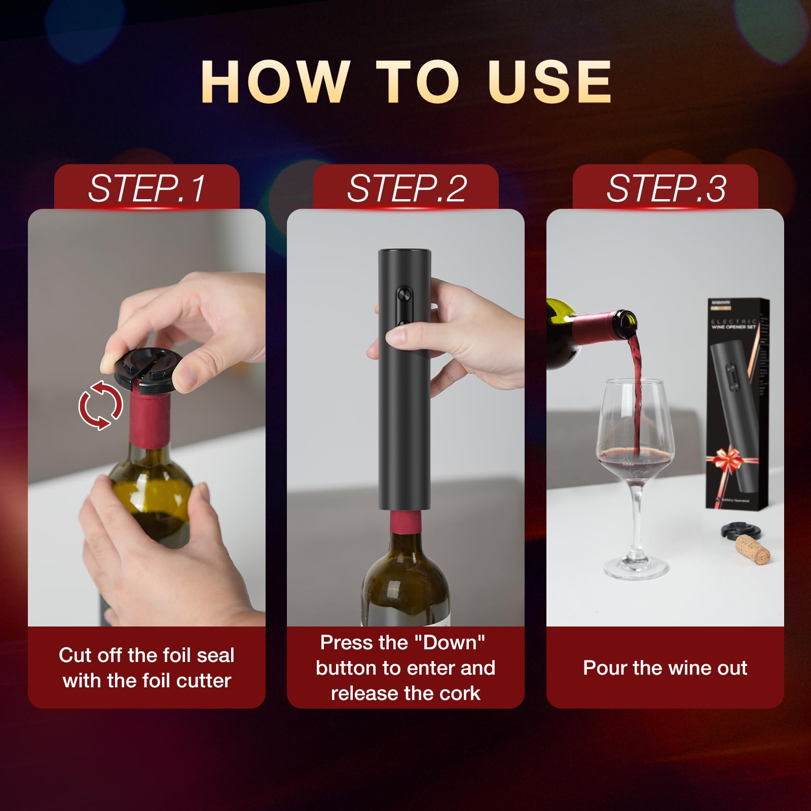 BABONIR Electric Wine Opener battery-powered design enables quick openings
