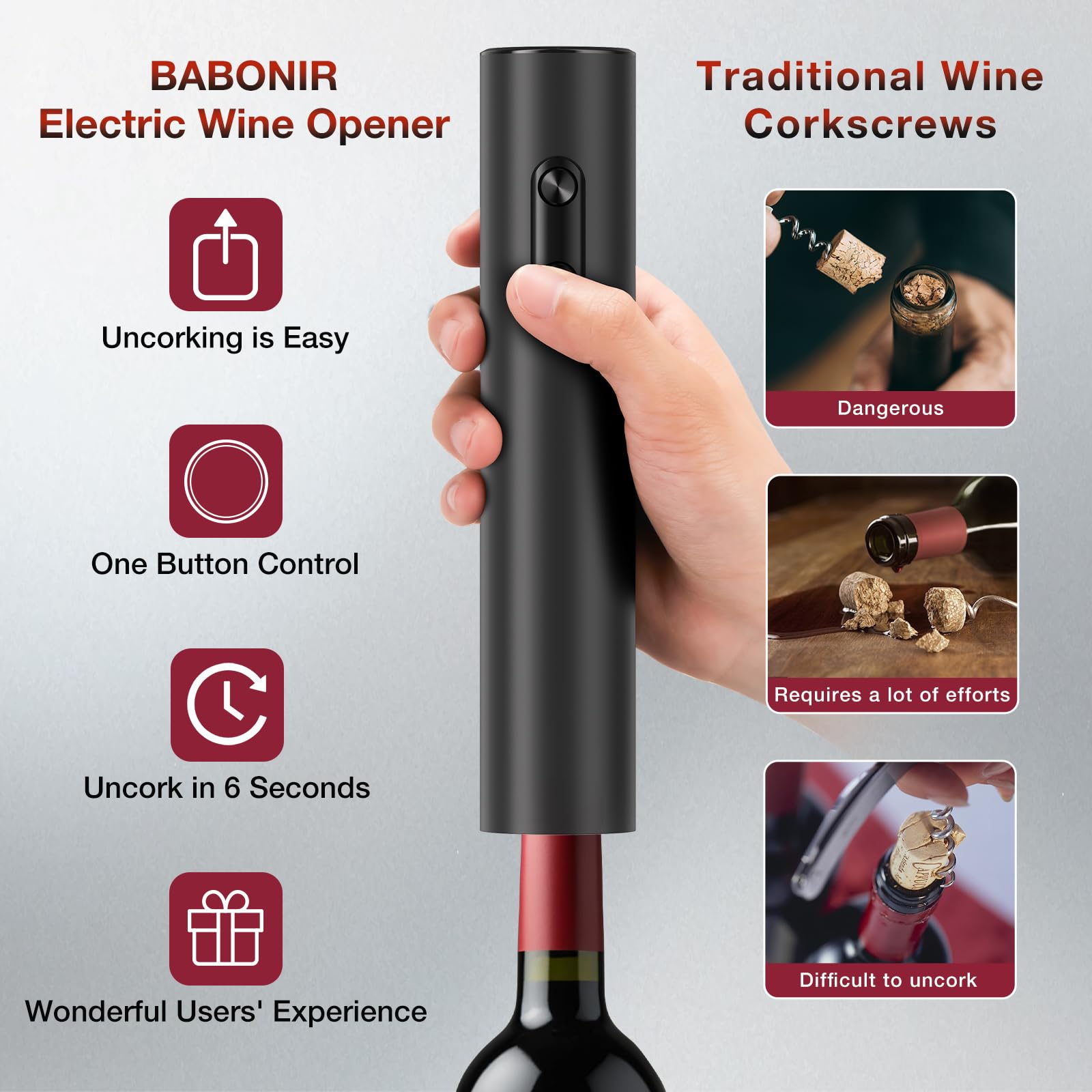 BABONIR Electric Wine Opener with foil cutter preps bottles quickly