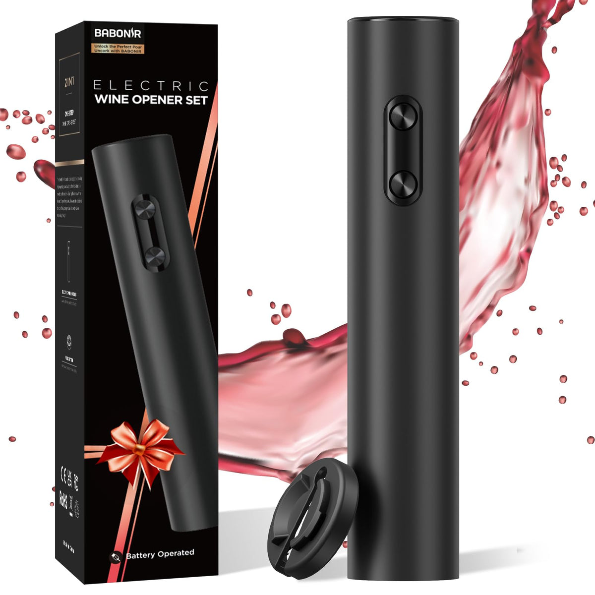 BABONIR Electric Wine Opener front view highlights compact design for easy storage