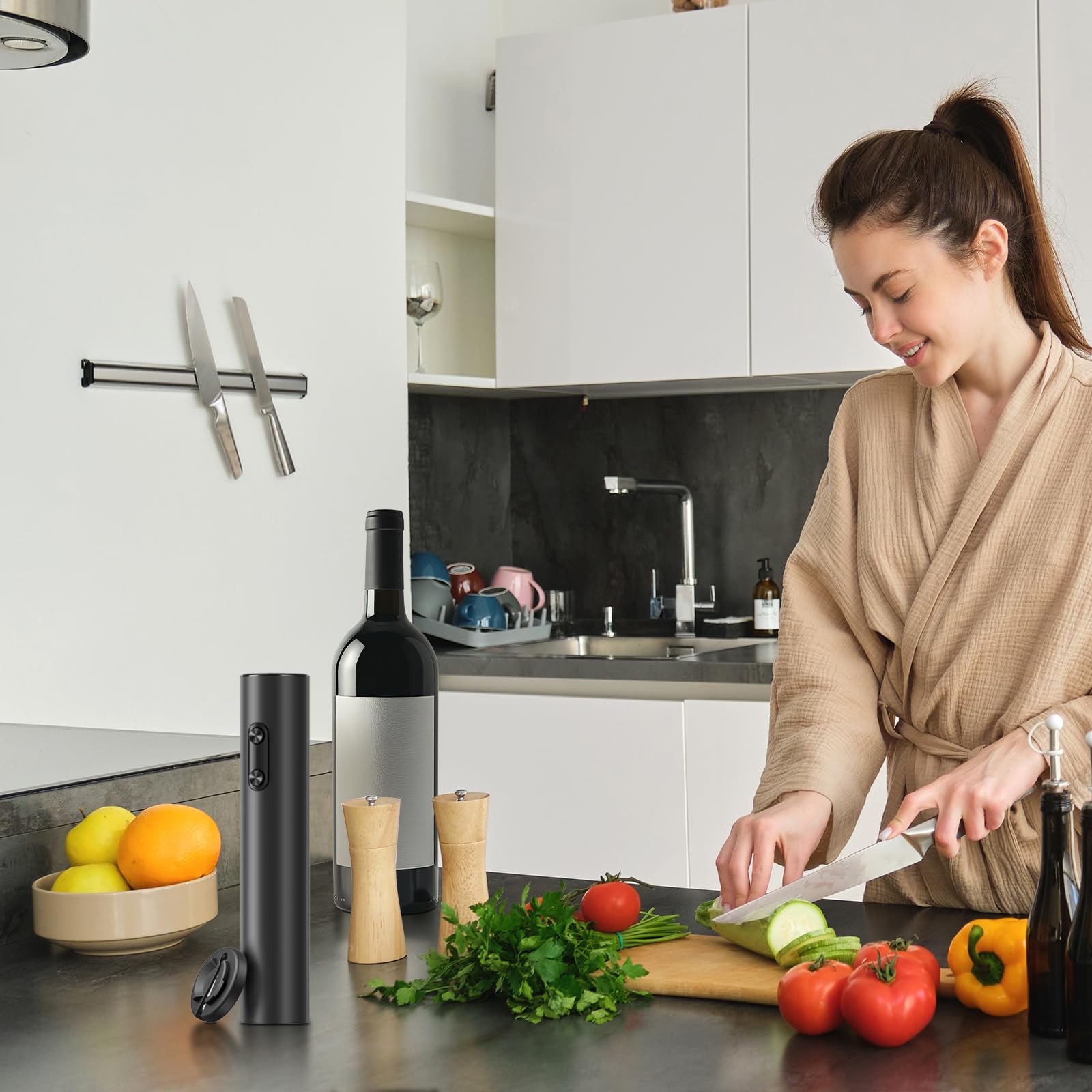 BABONIR Electric Wine Opener in use with a glass demonstrates simple operation