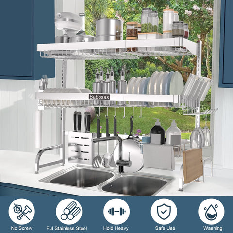 Babosas adjustable height top and bottom racks accommodate tall kitchen faucets