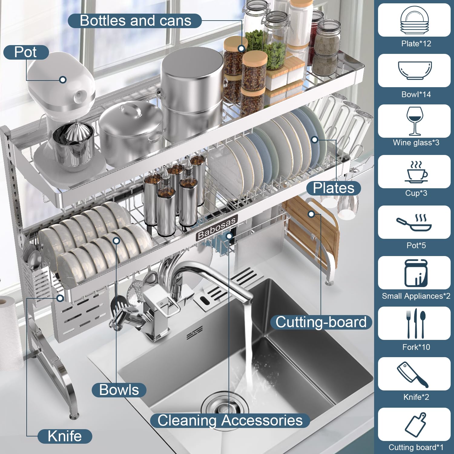 Babosas extendable rack length adapts to different sink sizes