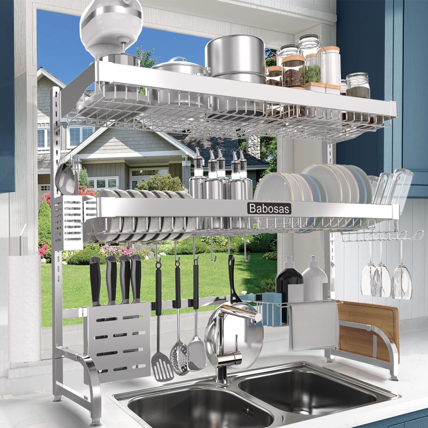 Babosas over-sink dish drying rack installed over sink for organized drying