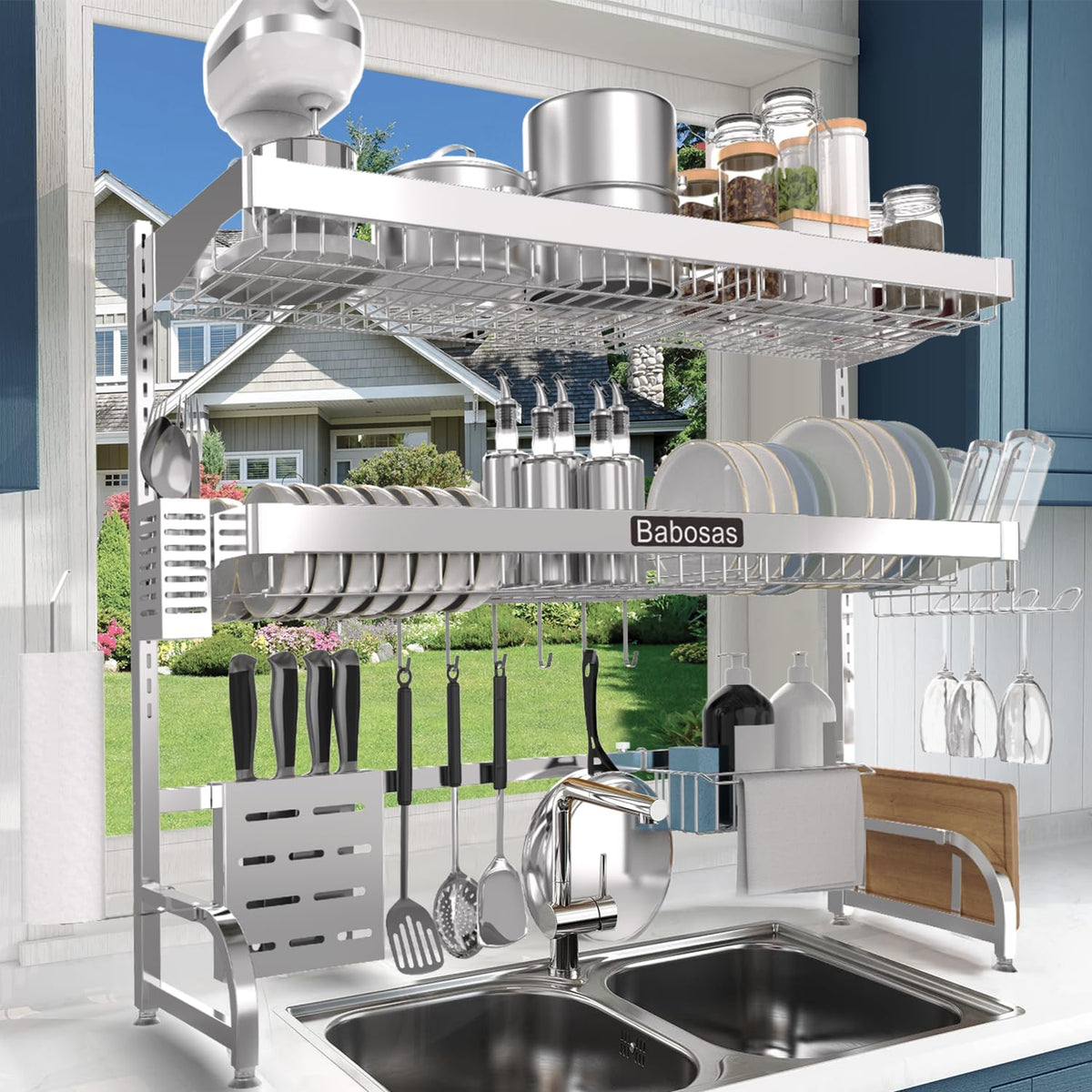 Babosas over-sink dish drying rack installed over sink for organized drying