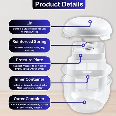 BABRI removable pressure plate helps separate whey with minimal mess.
