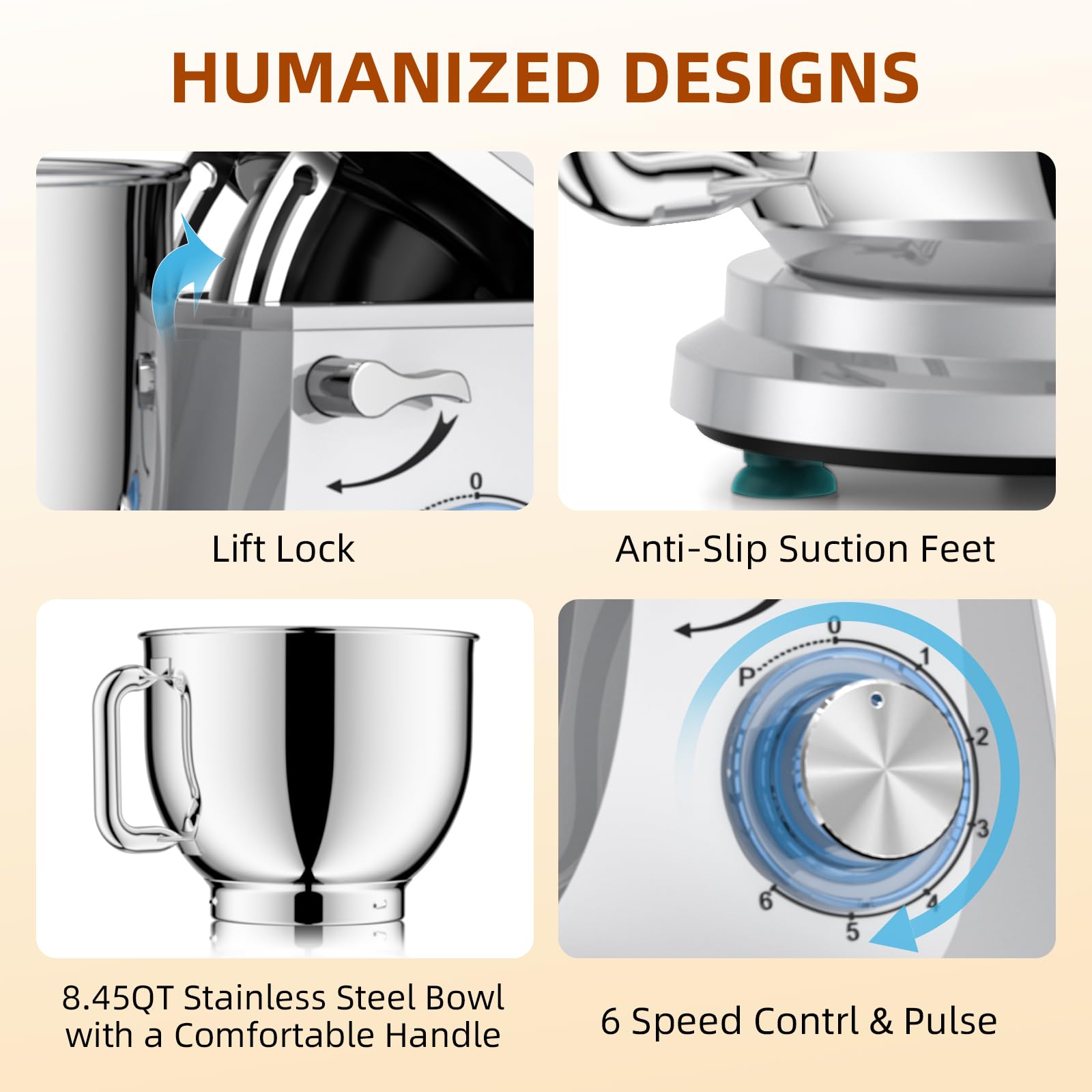 Babroun attachments provide dough hook, whisk, and beater for versatile tasks.