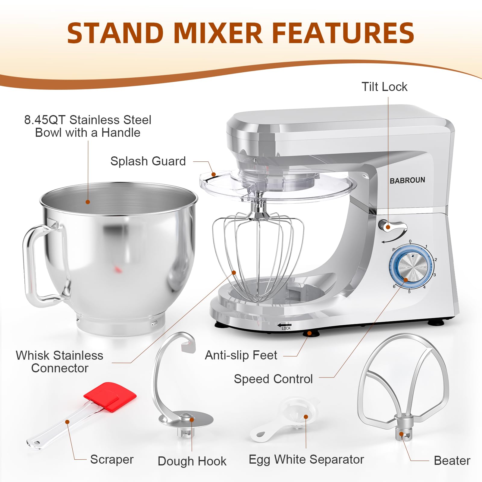 Babroun mixer operates quietly in a busy kitchen.