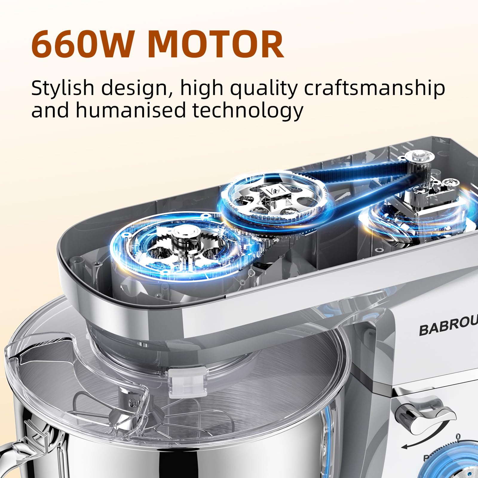 Babroun removable splash guard keeps ingredients clean during mixing.