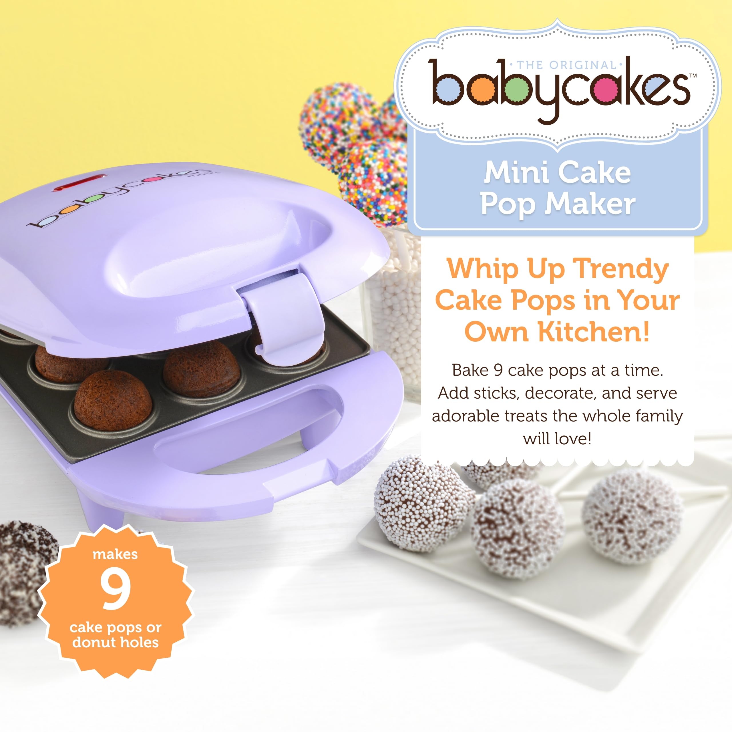 Babycakes mini cake pop maker shows 9 pops, ideal for family dessert nights.