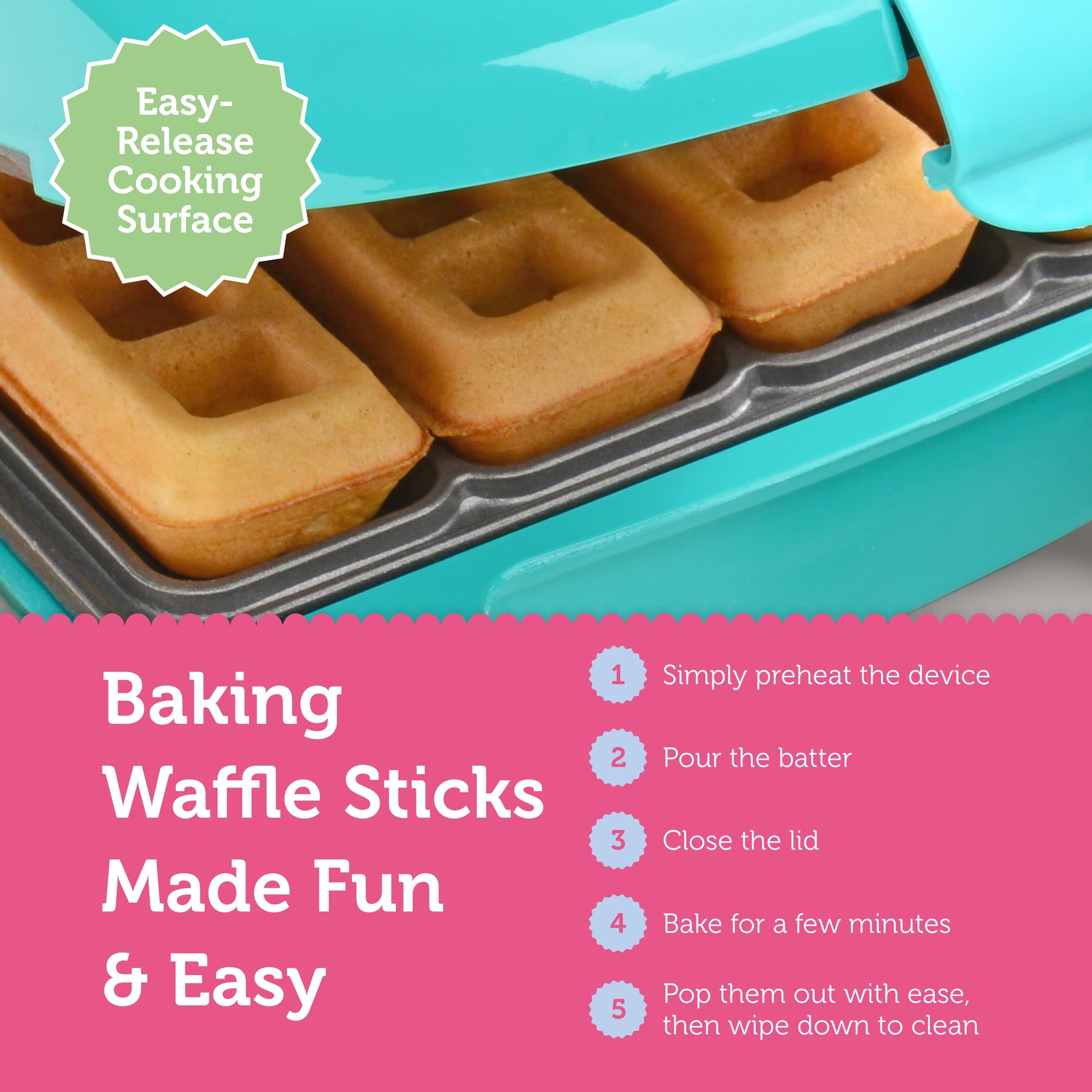 Babycakes Mini Waffle Stick Maker's latching handle simplifies safe storage and use
