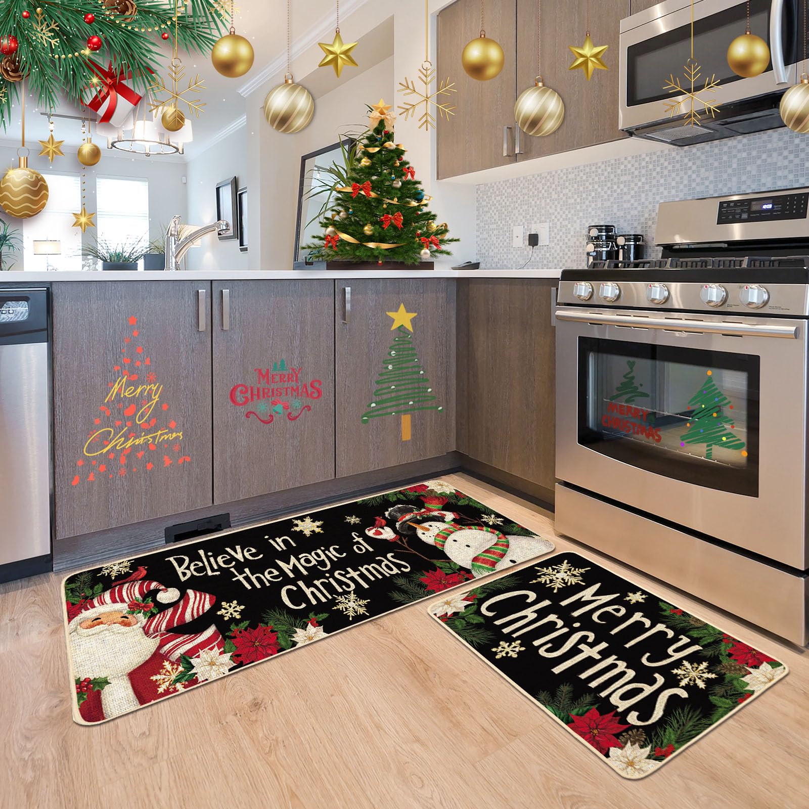 Baccessor Christmas kitchen mat features a slim 0.25-inch profile for door clearance.