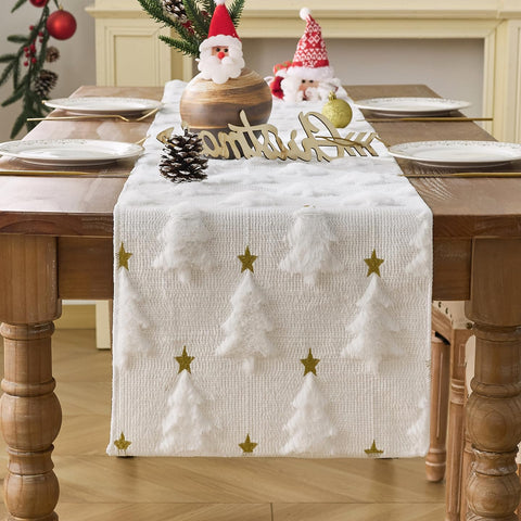 Baccessor faux fur Christmas table runner in winter white adds warmth and protection.