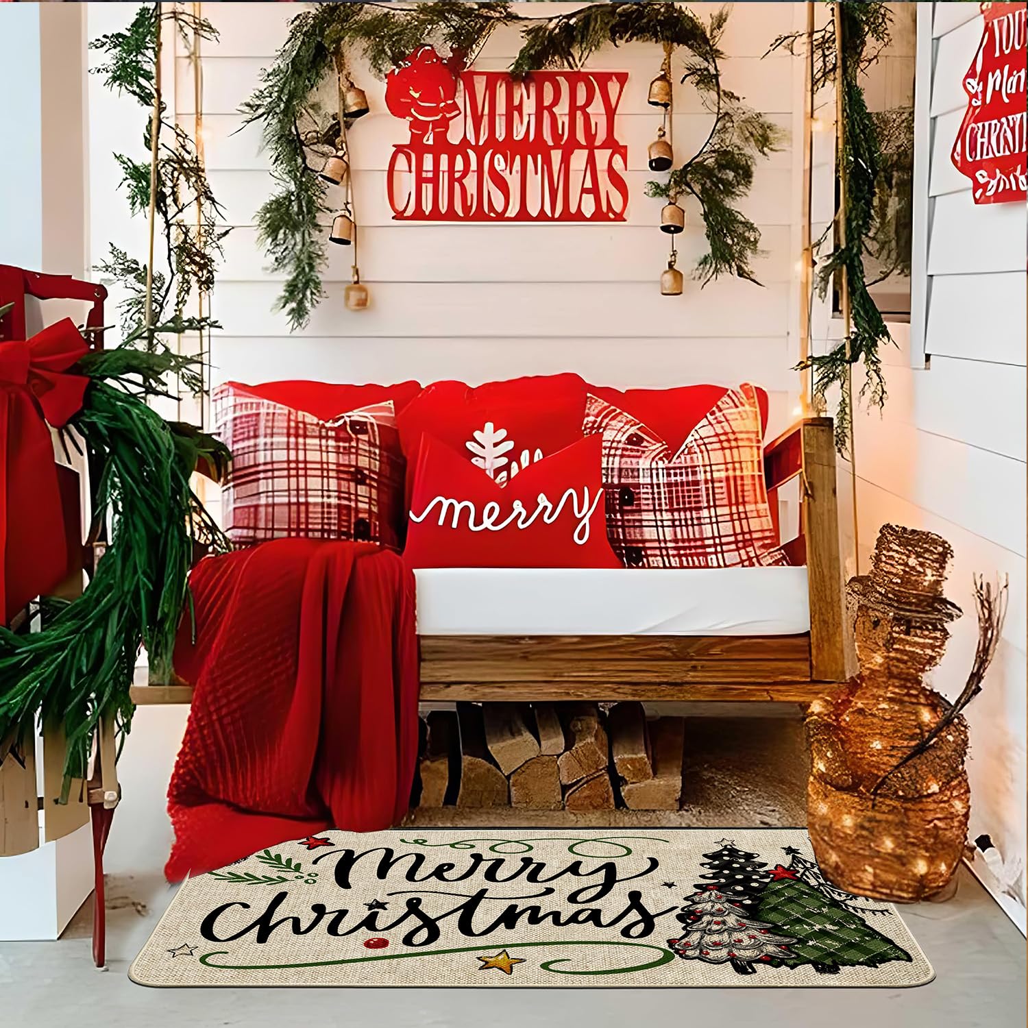 Baccessor Merry Christmas kitchen rug closeup 17x29 shows crisp print