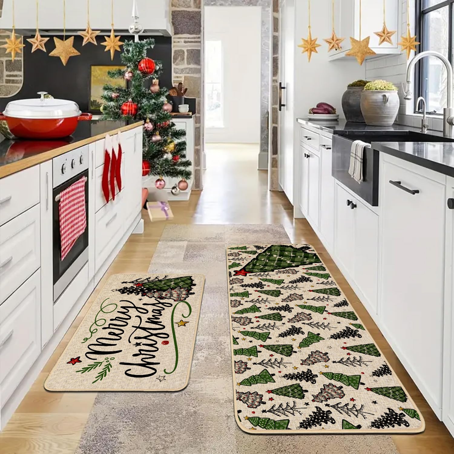 Baccessor Merry Christmas kitchen rug closeup 17x47 shows soft texture