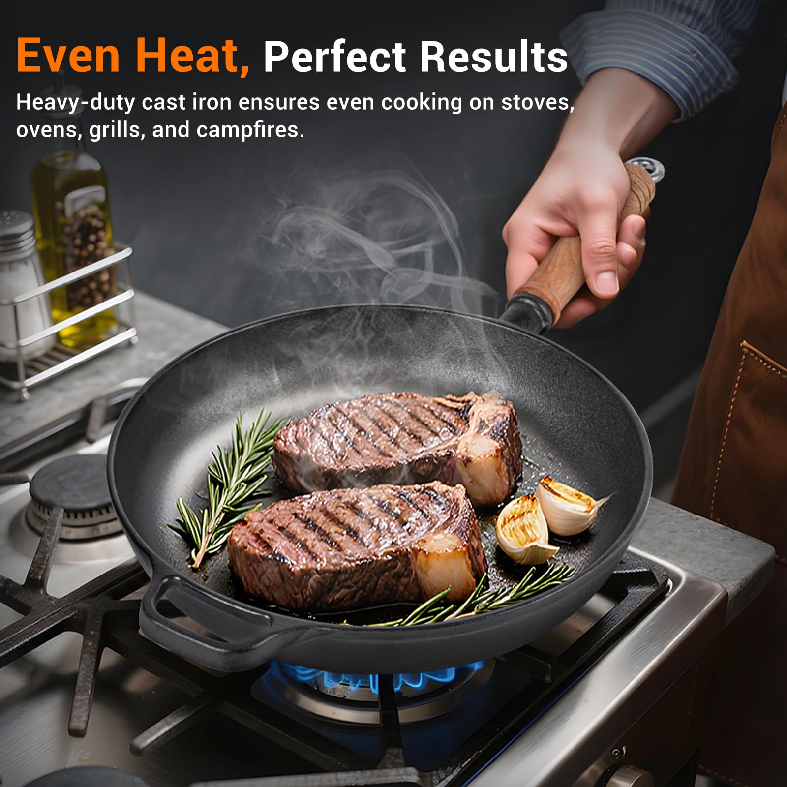 Bachdomc skillet with lid on showing steam retention for juicy results