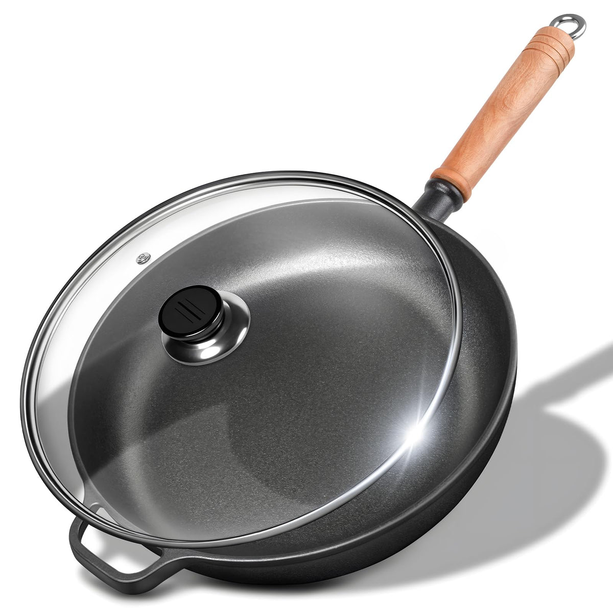 Bachdomc 12-inch cast iron skillet with lid and removable wooden handle for versatile cooking