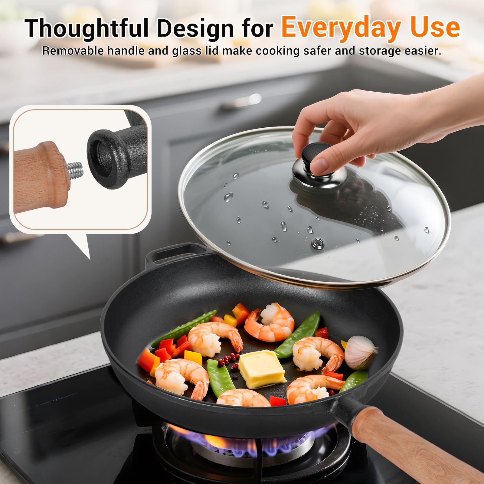 Bachdomc 12-inch cast iron surface ensures even heat distribution during searing