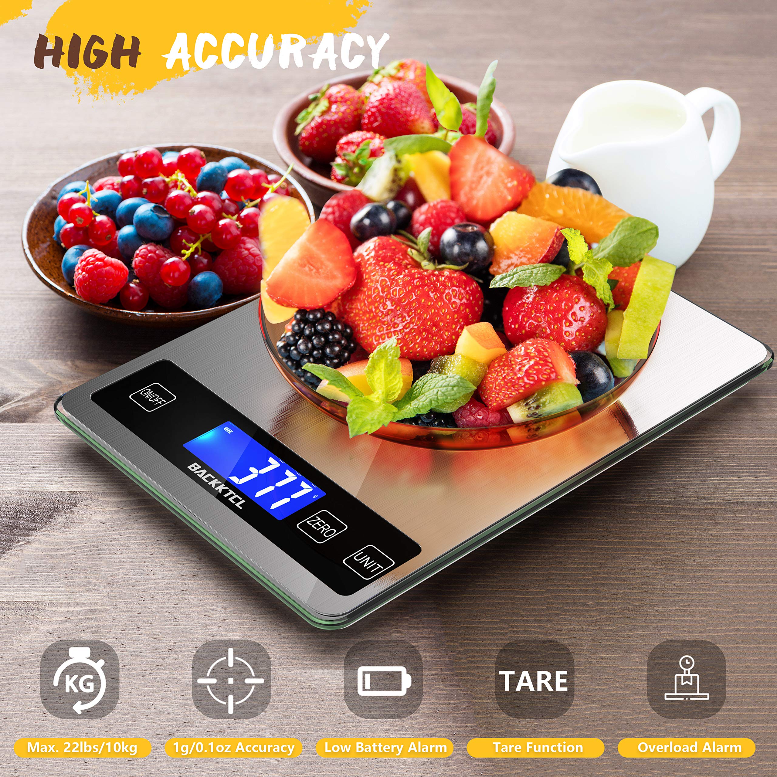 BACK KTCL Digital Kitchen Scale measures in grams and ounces for versatile baking tasks.