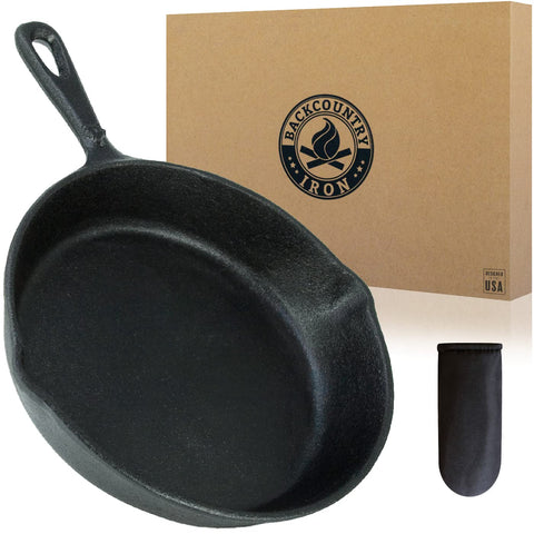 Backcountry Iron 8-inch round skillet out-of-the-box ready for immediate cooking