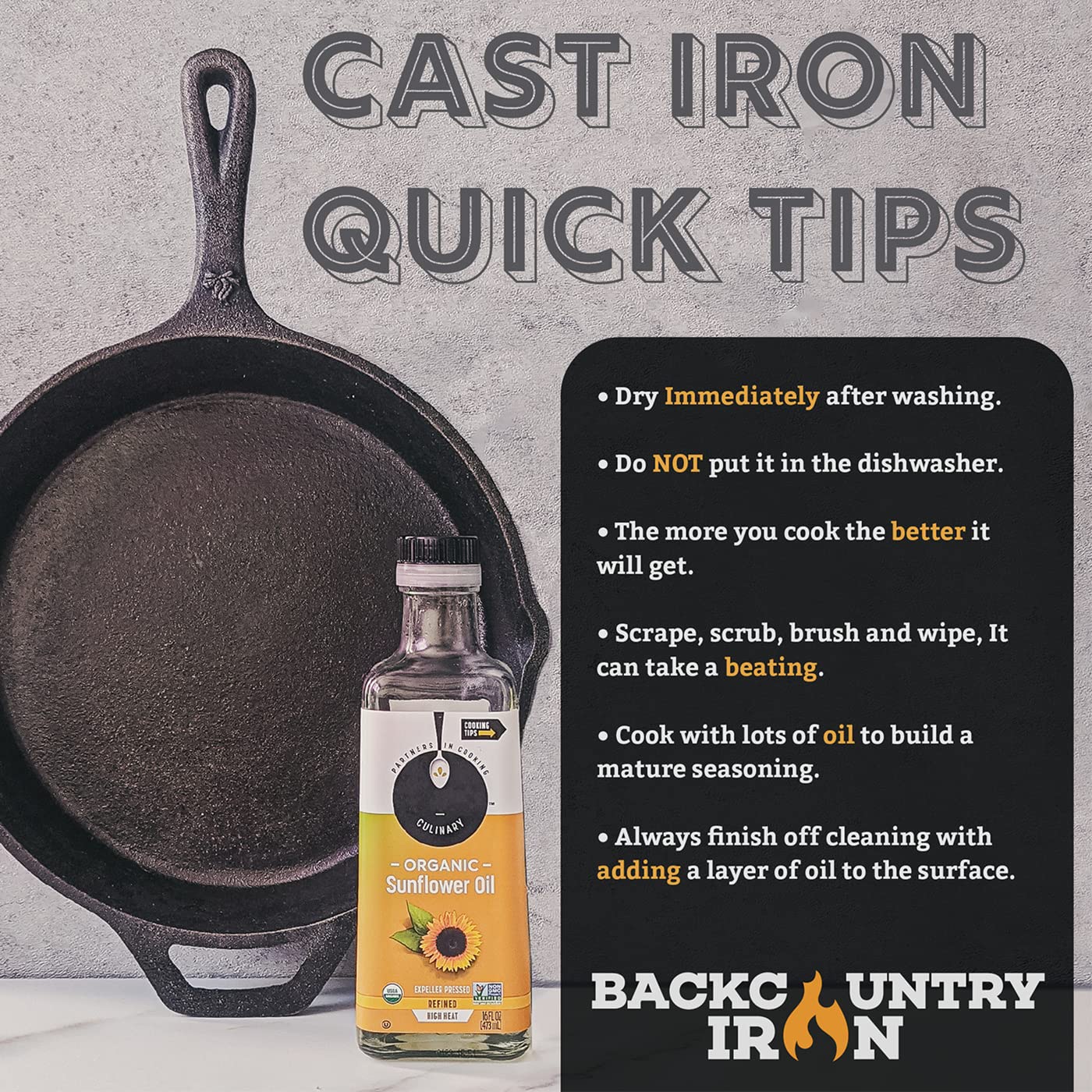 Backcountry Iron skillet searing crust close-up shows smoother finish