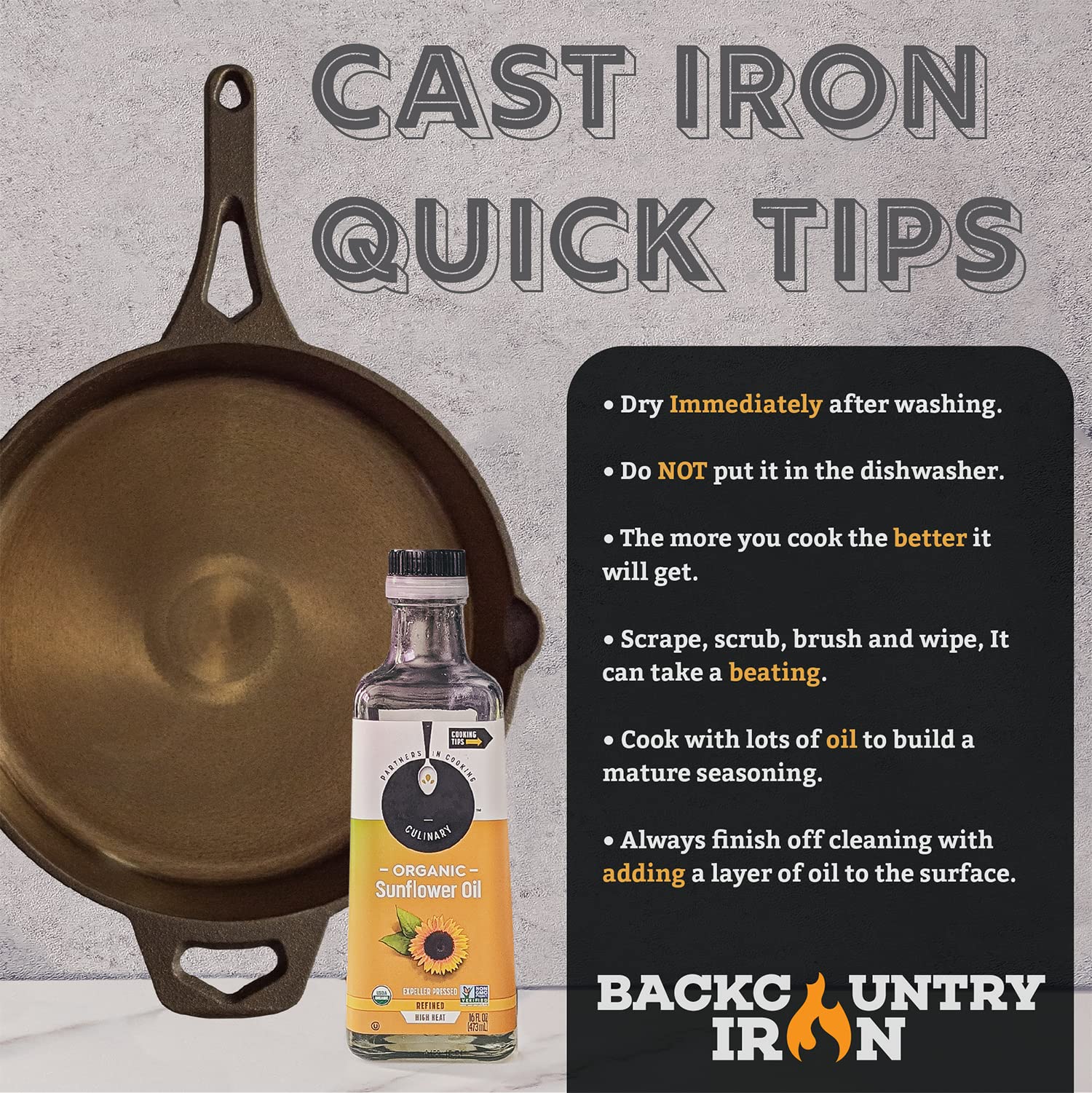 Heavyweight Wasatch cast iron provides robust heat capacity for searing, browning, and frying.