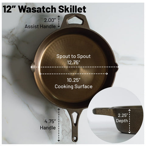 Wasatch skillet's polished surface supports reliable searing and browning on steaks and vegetables.