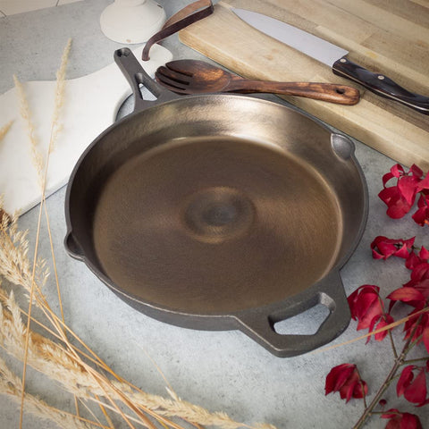 Quadruple-seasoned oil finish gives bronze patina and a natural nonstick after proper care.