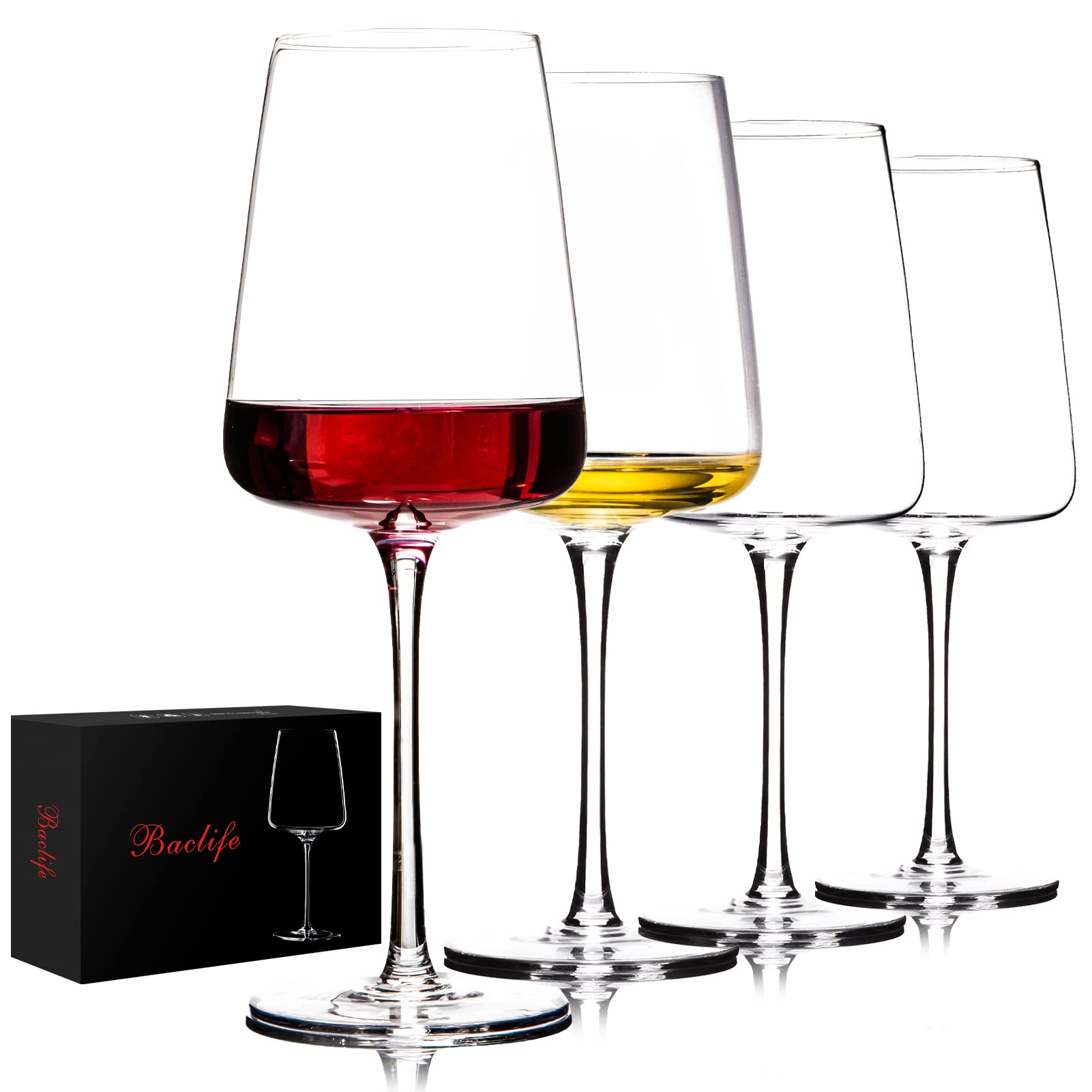 BACLIFE hand-blown red wine glasses set of four front view, elegant table presence.