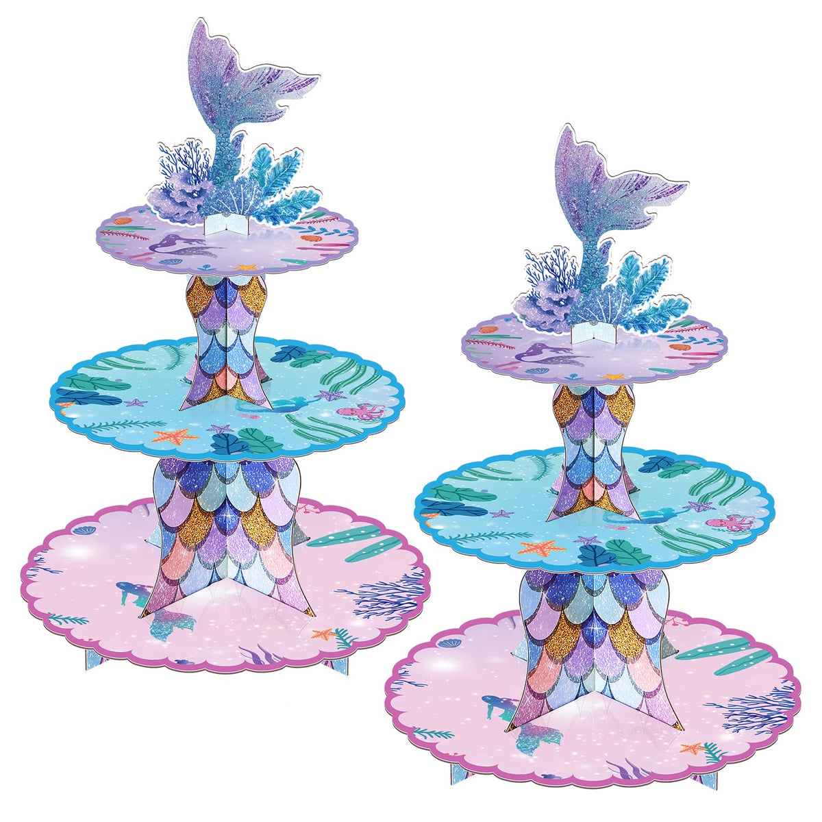 BACUTHY mermaid cupcake stand assembled for a 48-cupcake display at a birthday party.