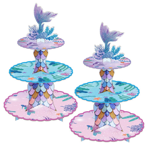 BACUTHY mermaid cupcake stand assembled for a 48-cupcake display at a birthday party.