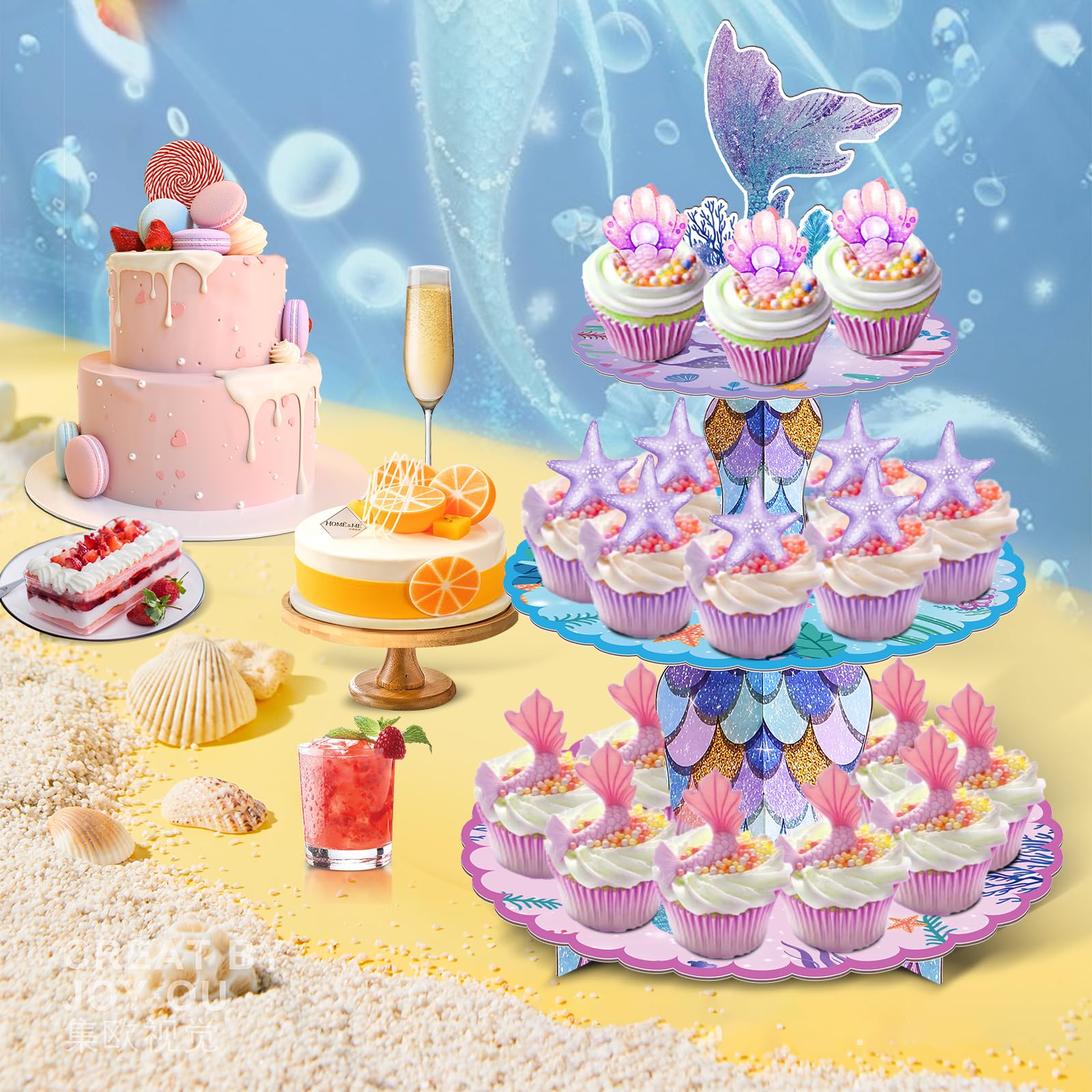 BACUTHY 2-pack mermaid tail toppers add vibrant focal points to desserts.