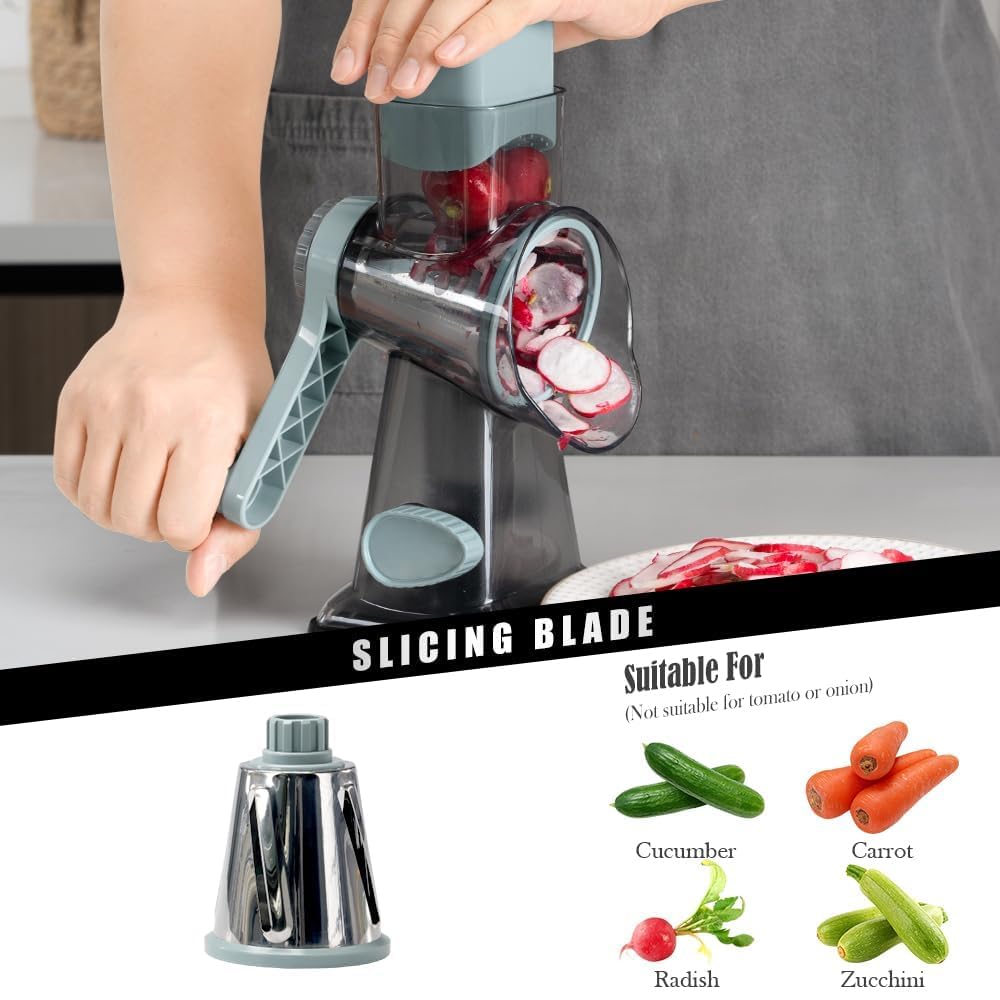 Badelite cheese grater crank operation for easy, uniform shreds.
