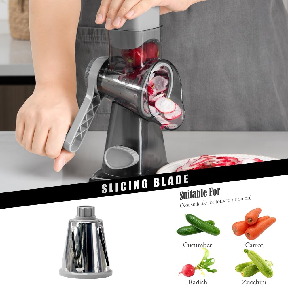 Badelite stainless steel blades provide precise coarse and fine grating for cheese and veggies.