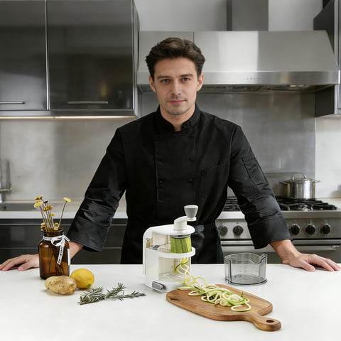 Badelite vegetable spiralizer includes a 2-cup container to catch scraps and pasta.