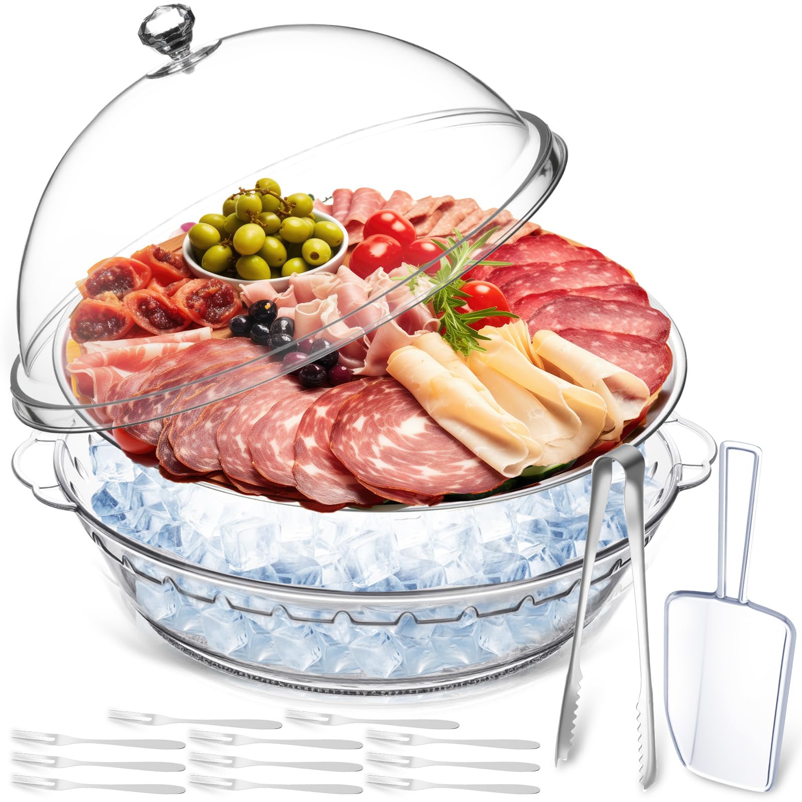 Baderke chilled serving tray with compartments and lid for organized appetizers.