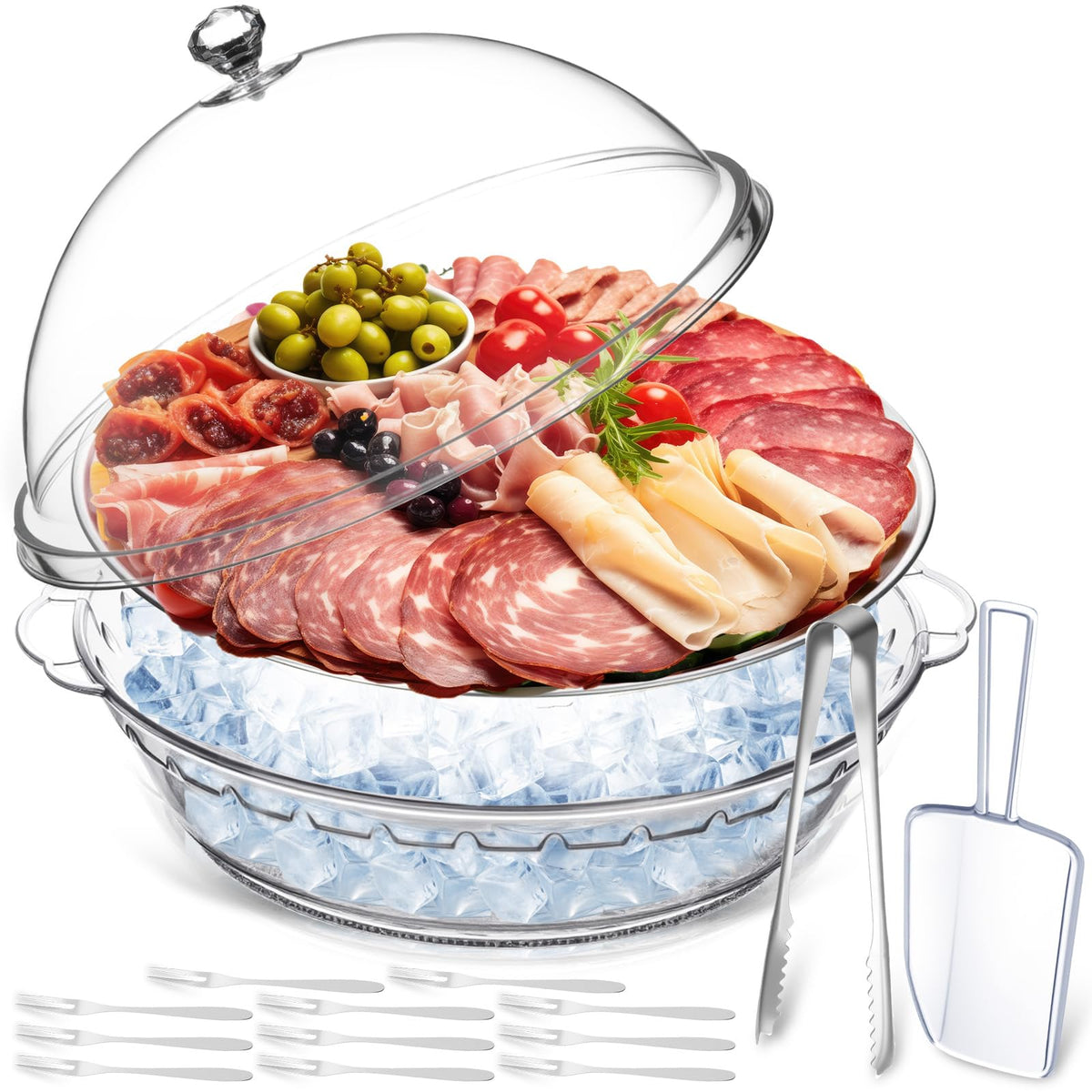 Baderke chilled serving tray with compartments and lid for organized appetizers.