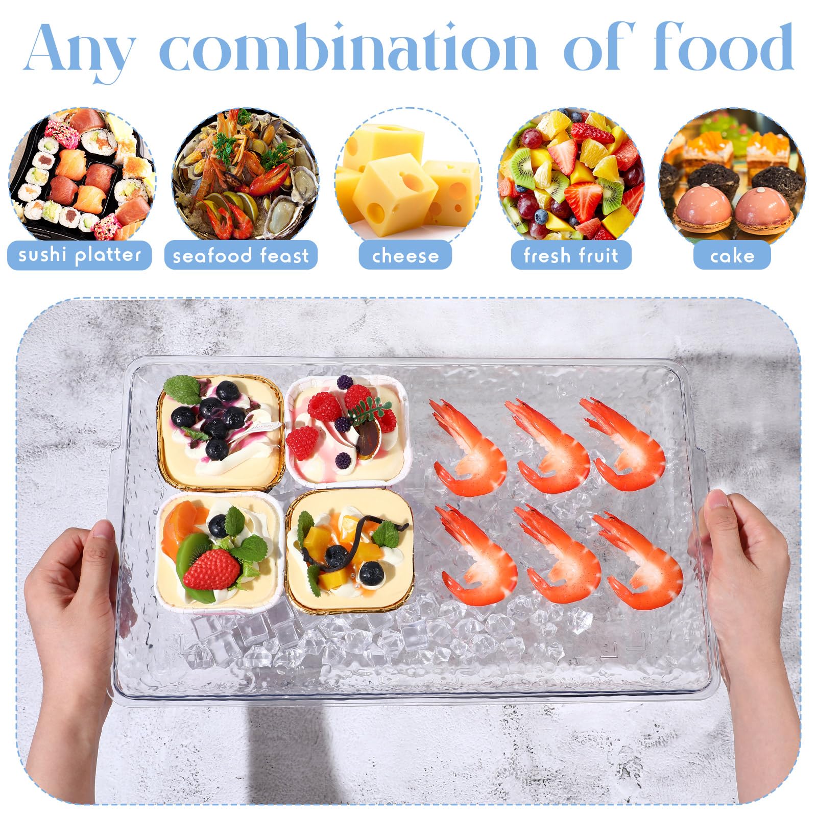 Baderke double-layer ice-underneath tray preserves seafood and dips at outdoor events.