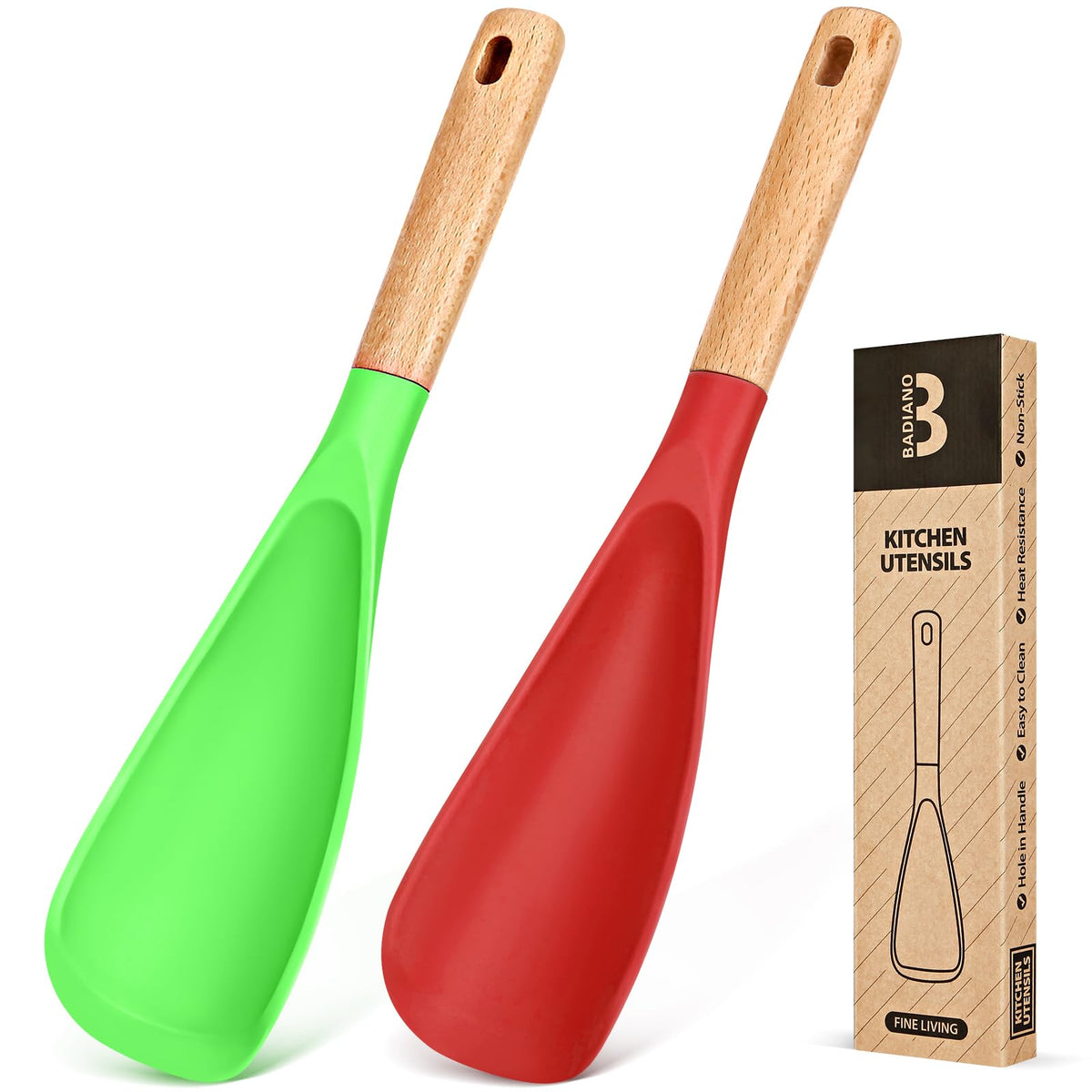 Badiano cooking spoon head close-up shows heat-resistant silicone for high-temp cooking.