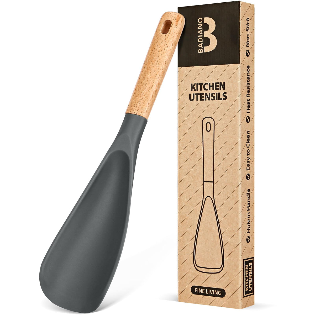 Badiano cooking spoon shows heat-resistant silicone for versatile stirring and serving